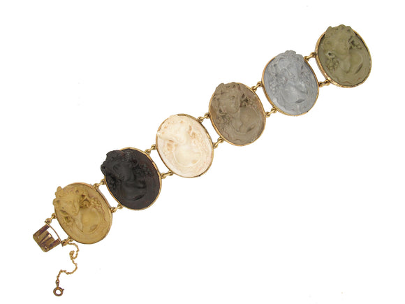 A Victorian yellow gold lava cameo bracelet depicting six female busts. Naples, early XIX Century.