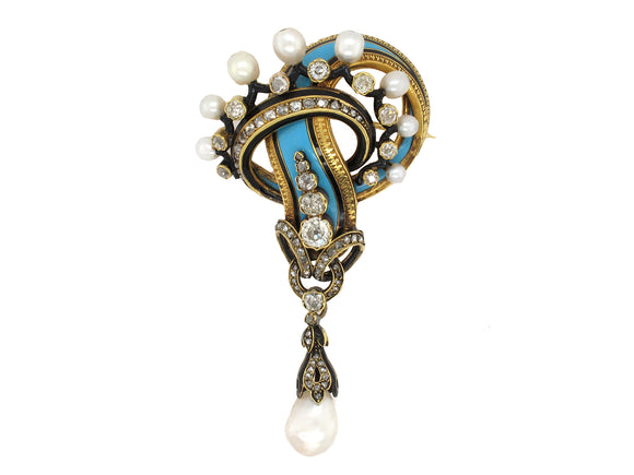 A XIX Century yellow gold, silver, enamel, pearl and diamond Chaumet brooch