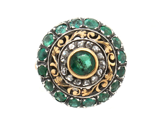 Yellow gold, silver, rose diamond and emerald ring. France XIX Century