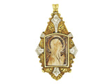 An Art Déco platinum, yellow gold, diamonds and bone Virgin Mary pendant.
