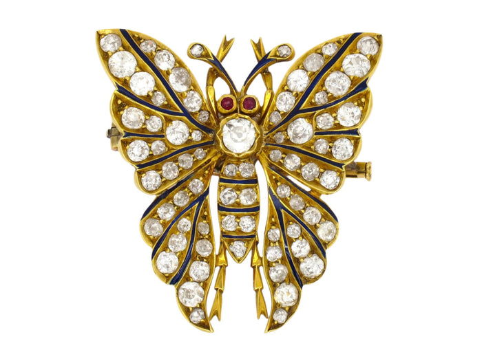 An antique XIX Century yellow gold and old-cut diamond butterfly brooch. France