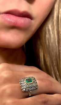 Yellow gold, silver, rose cut diamond and emerald ring. France XIX Century