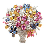 Vintage white gold, diamond and sapphire flower basket brooch