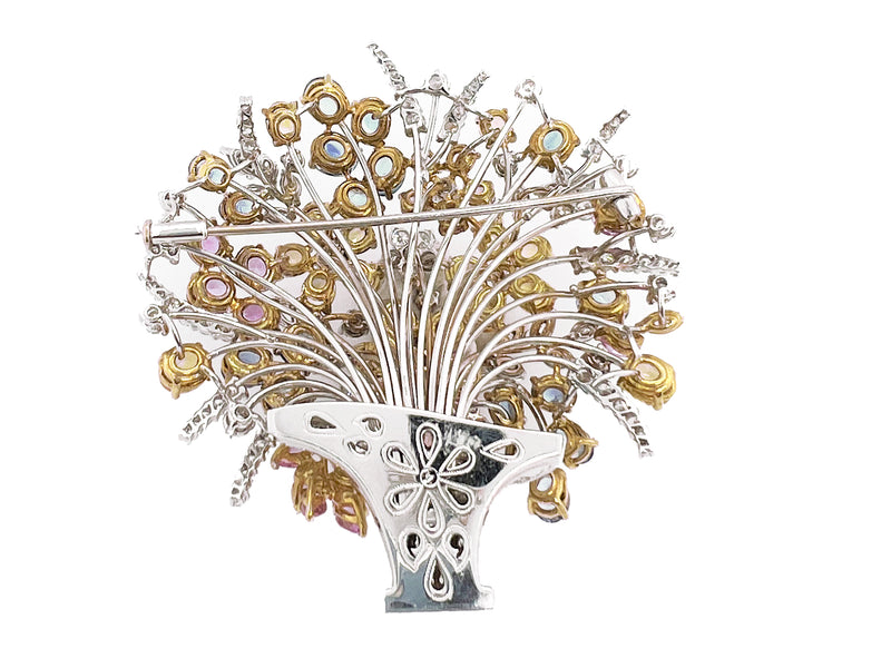 Vintage white gold, diamond and sapphire flower basket brooch