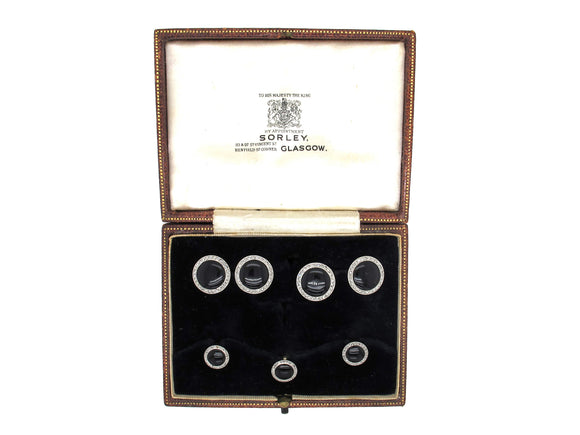 Art Déco, platinum, onyx and diamond buttons and cufflinks set
