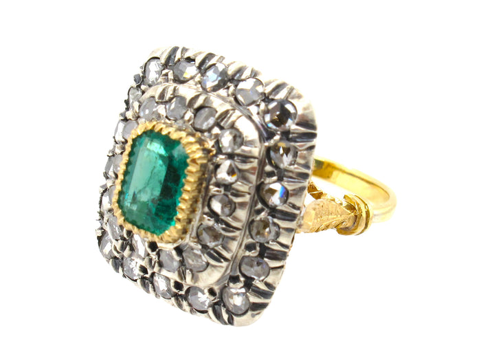 Yellow gold, silver, rose cut diamond and emerald ring. France XIX Century