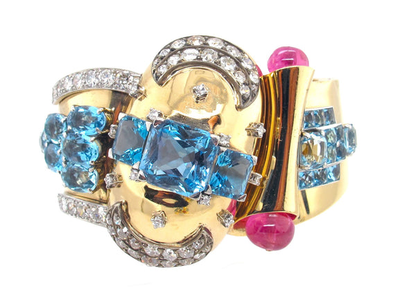 Retro gold, diamond, aquamarine, ruby and diamond cuff bracelet, 1940 c.a.