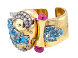 Retro gold, diamond, aquamarine, ruby and diamond cuff bracelet, 1940 c.a.