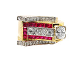A yellow gold, diamond and ruby ring.