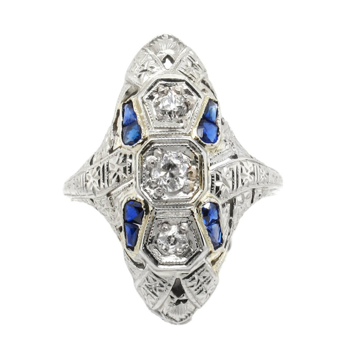 Art Déco platinum diamond and sapphire ring
