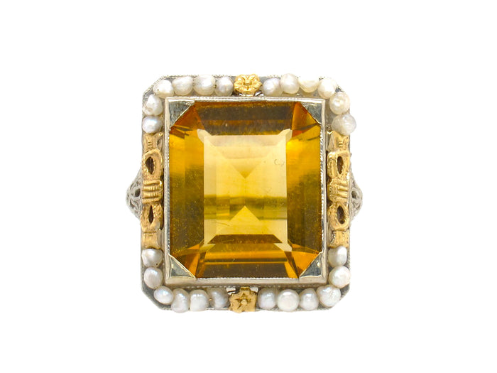 Anello antico in oro con perle e citrini, 1920 ca