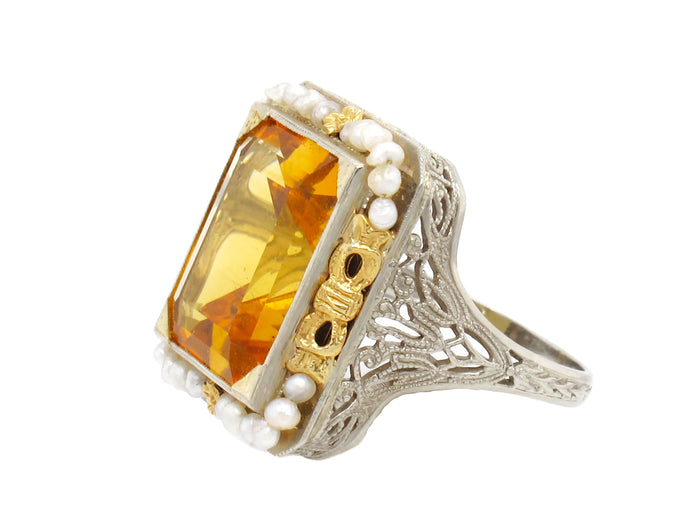Anello antico in oro con perle e citrini, 1920 ca