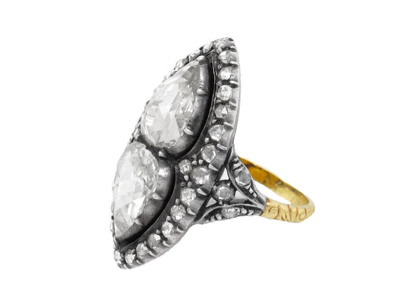 Antique gold and silver double diamond drop toi et moi ring, 1900