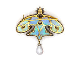 An Art Nouveau silver topped yellow gold diamond and opal brooch with a natural grey pearl, France, 1900 c.a.