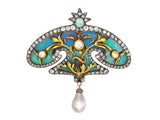 An Art Nouveau silver topped yellow gold diamond and opal brooch with a natural grey pearl, France, 1900 c.a.
