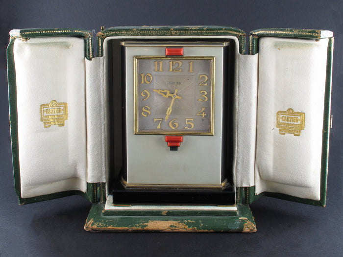 A rare yellow gold, black enamel, glass and coral electric Cartier desk timepiece 1931 In original Cartier fitted box 