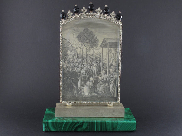 Precious XX Century Mario Buccellati engraved silver and malachite portable travel altar.