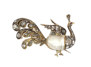 Antique yellow gold, diamond and pearl peacock brooch
