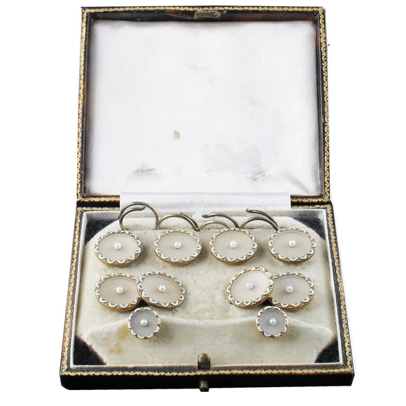 Art Déco yellow gold, enamel, rock crystal and pearls buttons and cufflinks set