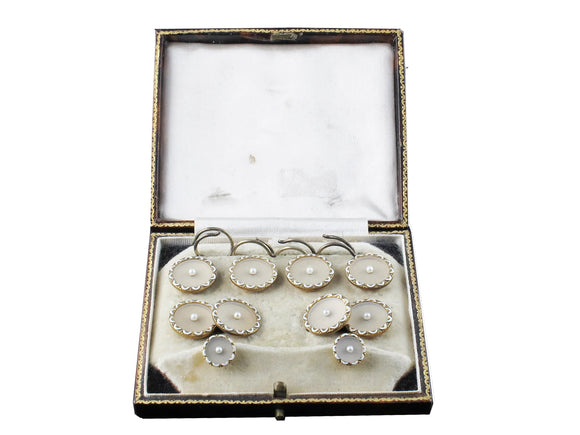 Art Déco yellow gold, enamel, rock crystal and pearls buttons and cufflinks set