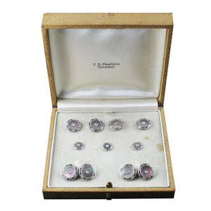 Art Déco yellow gold, platinum, enamel, mother of pearl and diamond buttons and cufflinks set