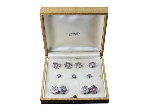 Art Déco yellow gold, platinum, enamel, mother of pearl and diamond buttons and cufflinks set
