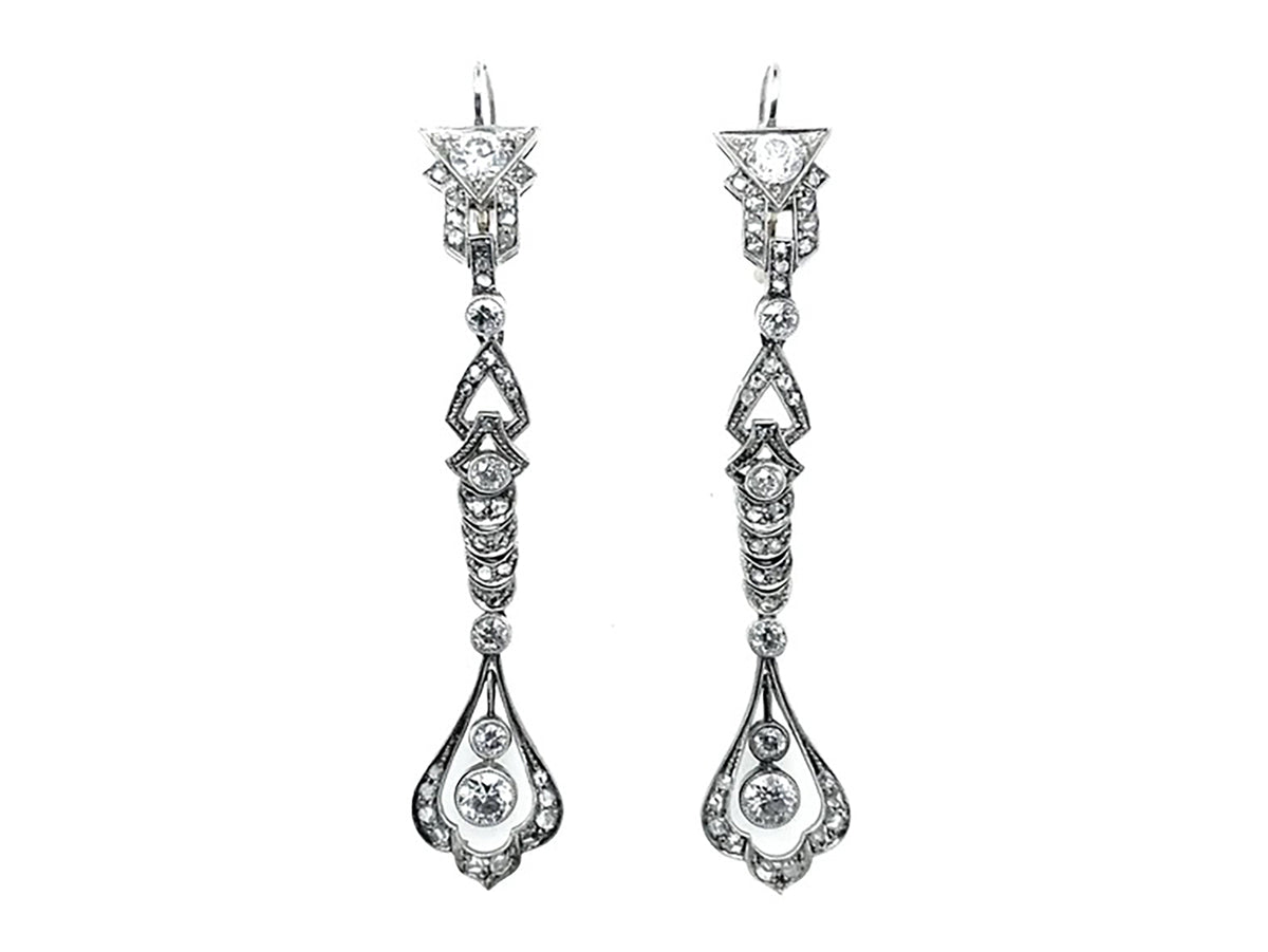 Long platinum and diamond  earrings between Edwardian and Art Deco