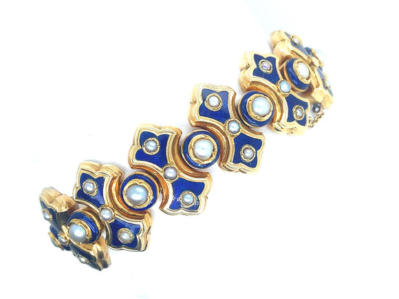 Bracelet Falize en émail bleu doré et perles naturelles, 1860