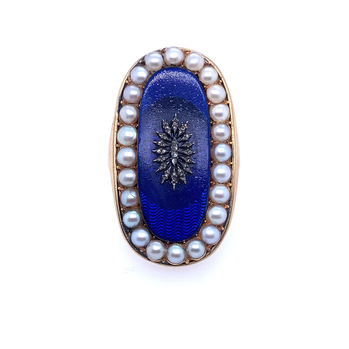 A Georgian XIX Century Yellow gold and silver ring with rose-cut diamonds and blue glass and natural pearls.