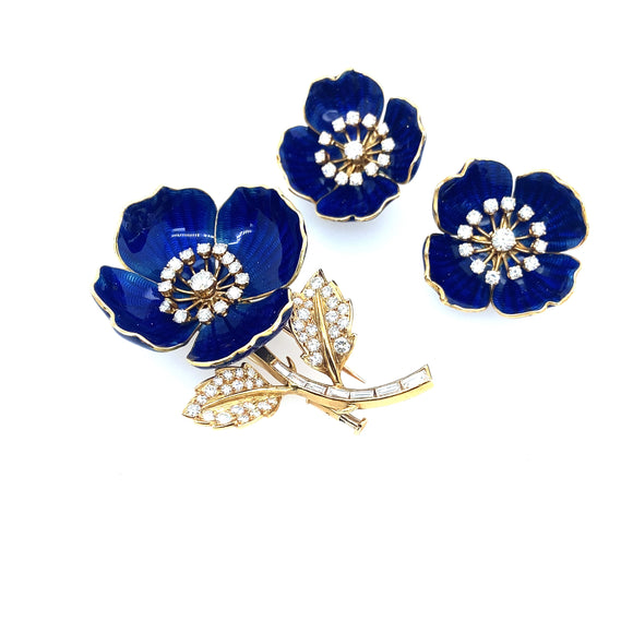 Boucheron yellow gold blue enamel and diamond flower Demi Parure