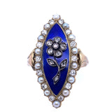 Anello smaltato in oro, diamanti e perle dei primi del XIX secolo.