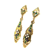Victorian gold pearl, ruby enameled earrings, mid 19th century