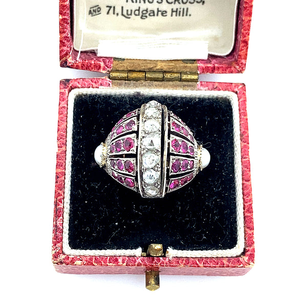 Art Déco gold ruby, rose-cut diamond and pearl ring, 1920