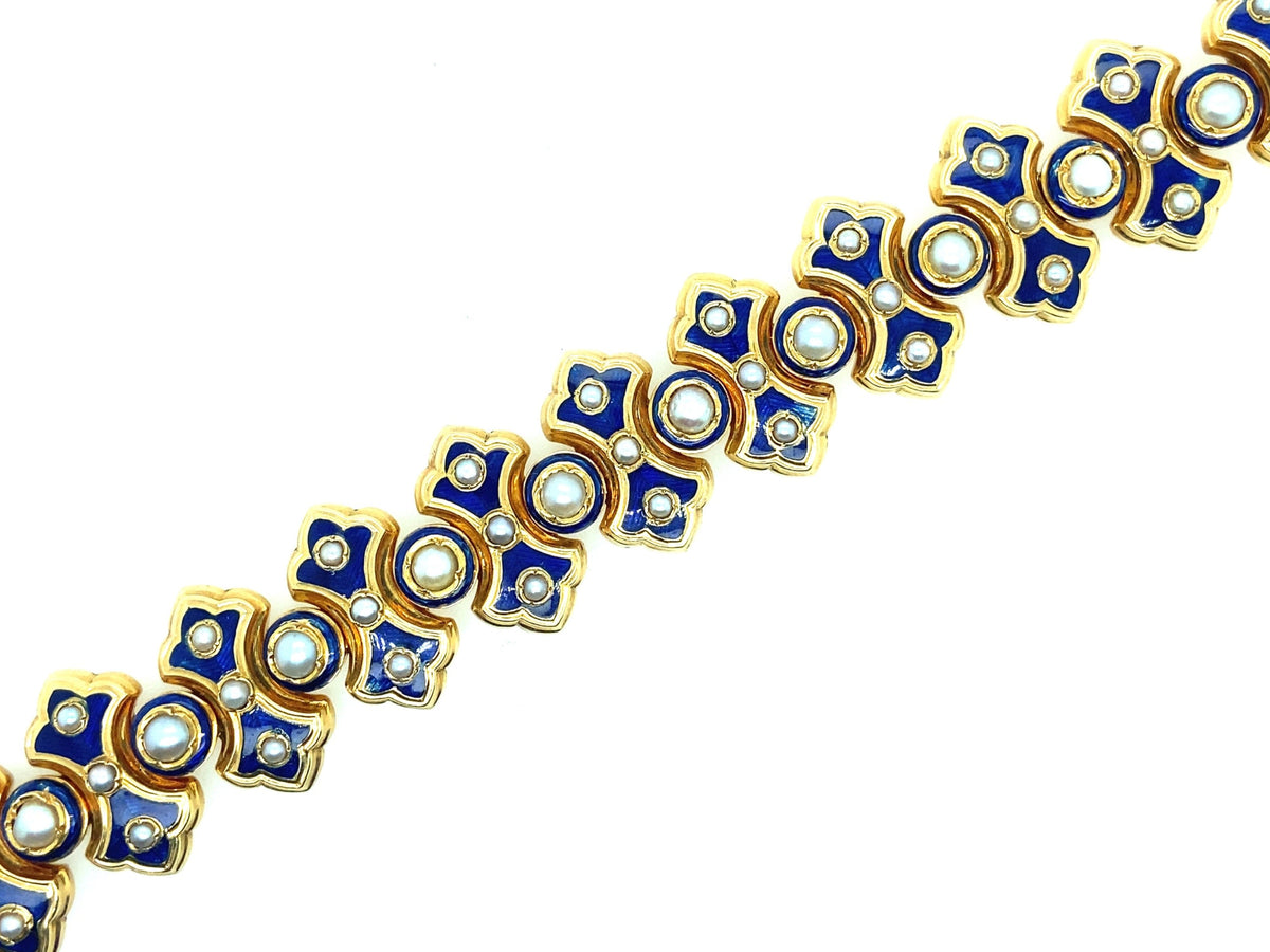 Falize gold blue enamel and natural pearl bracelet, 1860