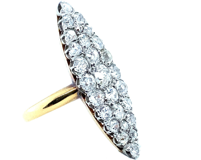 Edwardian gold and platinum marquise ring with old mine diamonds