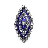 A XIX Century silver topped, Yellow gold, rose-cut diamond marquise ring with blue enamel decors.