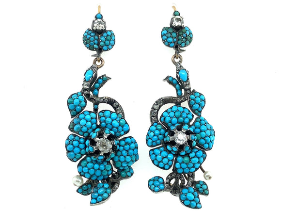 Boucles d'oreilles victoriennes en turquoise, diamants et perles.