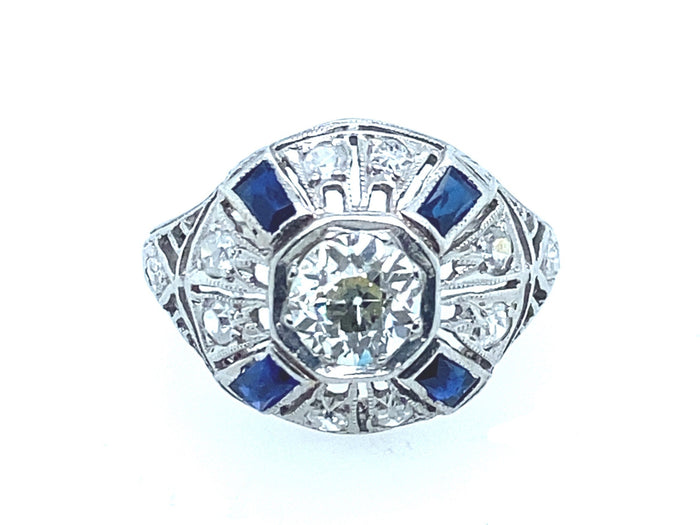Anello Art Déco in platino con diamanti e zaffiri, 1930.