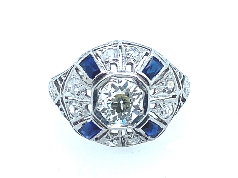 Anello Art Déco in platino con diamanti e zaffiri, 1930.