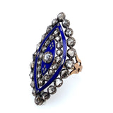 A XIX Century silver topped, Yellow gold, rose-cut diamond marquise ring with blue enamel decors.