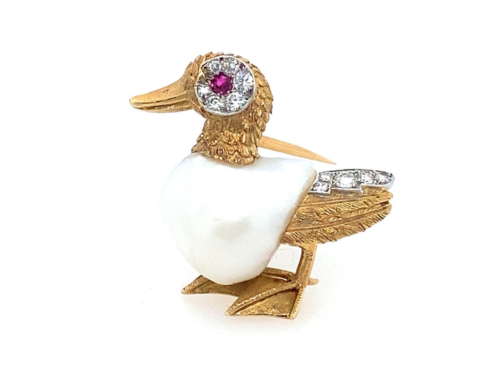 Spilla Cartier in oro, diamanti e perle a forma di anatra