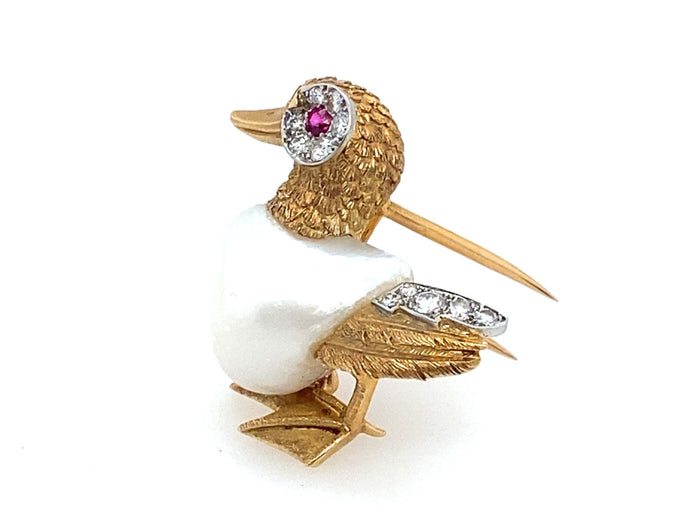 Spilla Cartier in oro, diamanti e perle a forma di anatra
