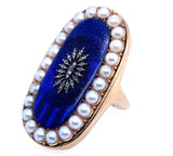 A Georgian XIX Century Yellow gold and silver ring with rose-cut diamonds and blue glass and natural pearls.