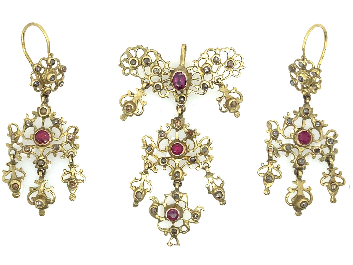 Antique gold, ruby and rose-cut diamond girandole earrings and pendant