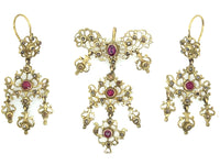 Antique gold, ruby and rose-cut diamond girandole earrings and pendant