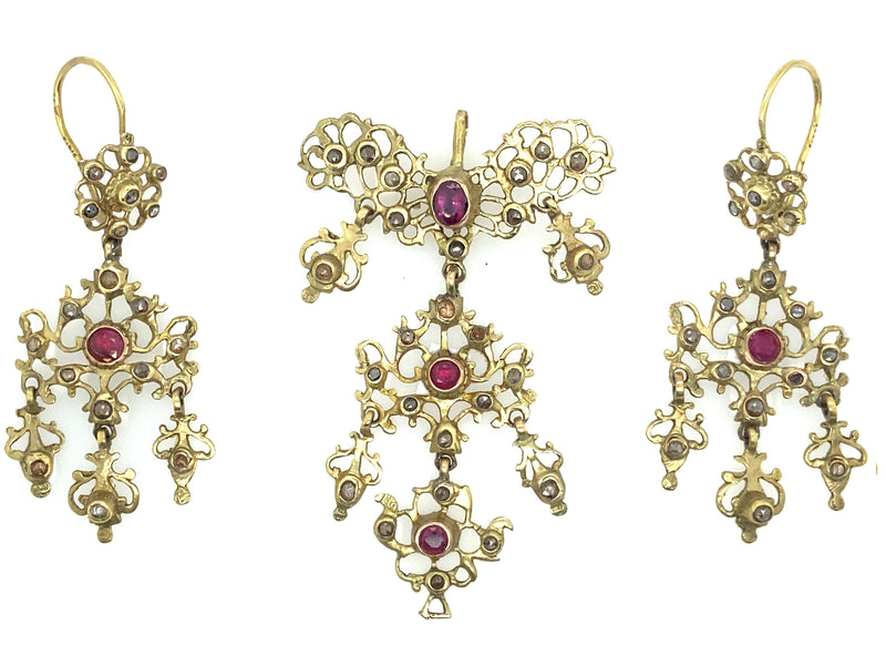 Antique gold, ruby and rose-cut diamond girandole earrings and pendant