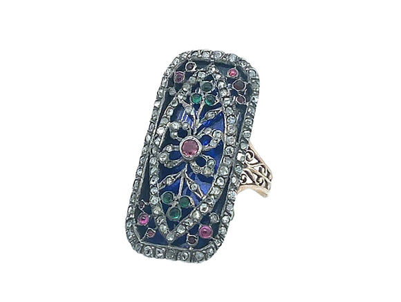 A Georgian gold, silver, diamond, ruby and emerald enamelled ring.